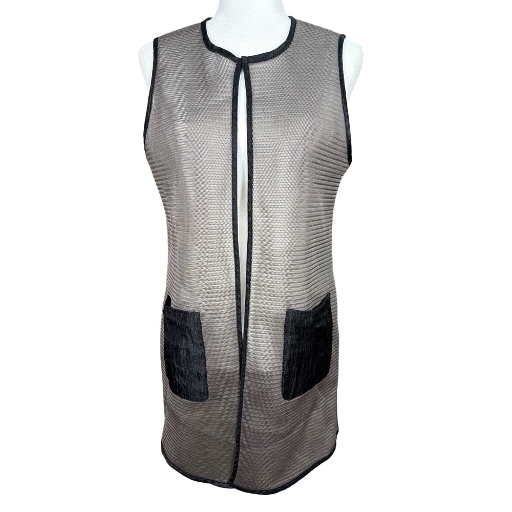 IC by Connie K Womens Mesh Longline Vest Open Front Duster Pockets Gray Black S